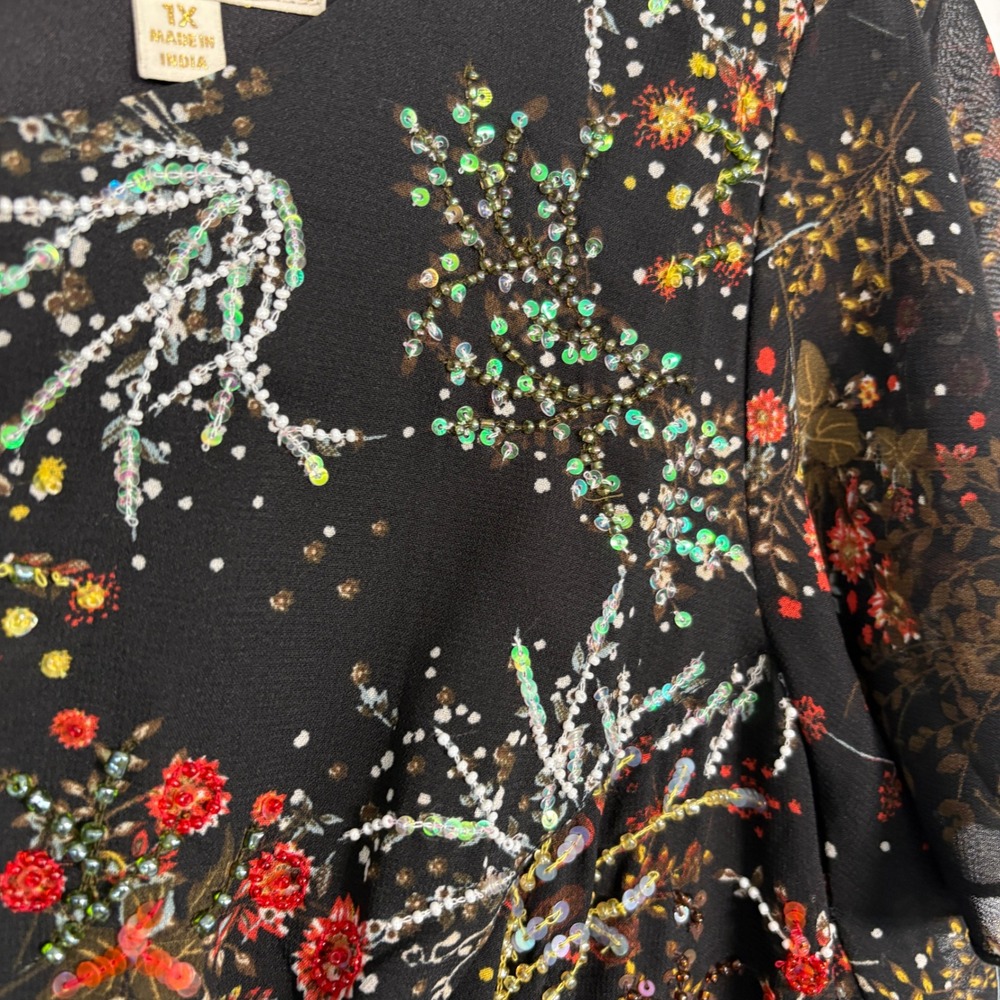 ModCloth Womens Dress 1X Black Embellished To Perfection Floral Sequin Flutter - Picture 4 of 14